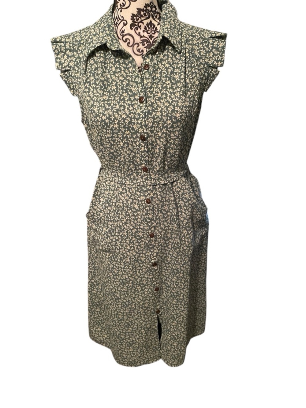 Monteau Green Cottagecore Floral Ruffle Sleeve Button Shirt Dress Size L